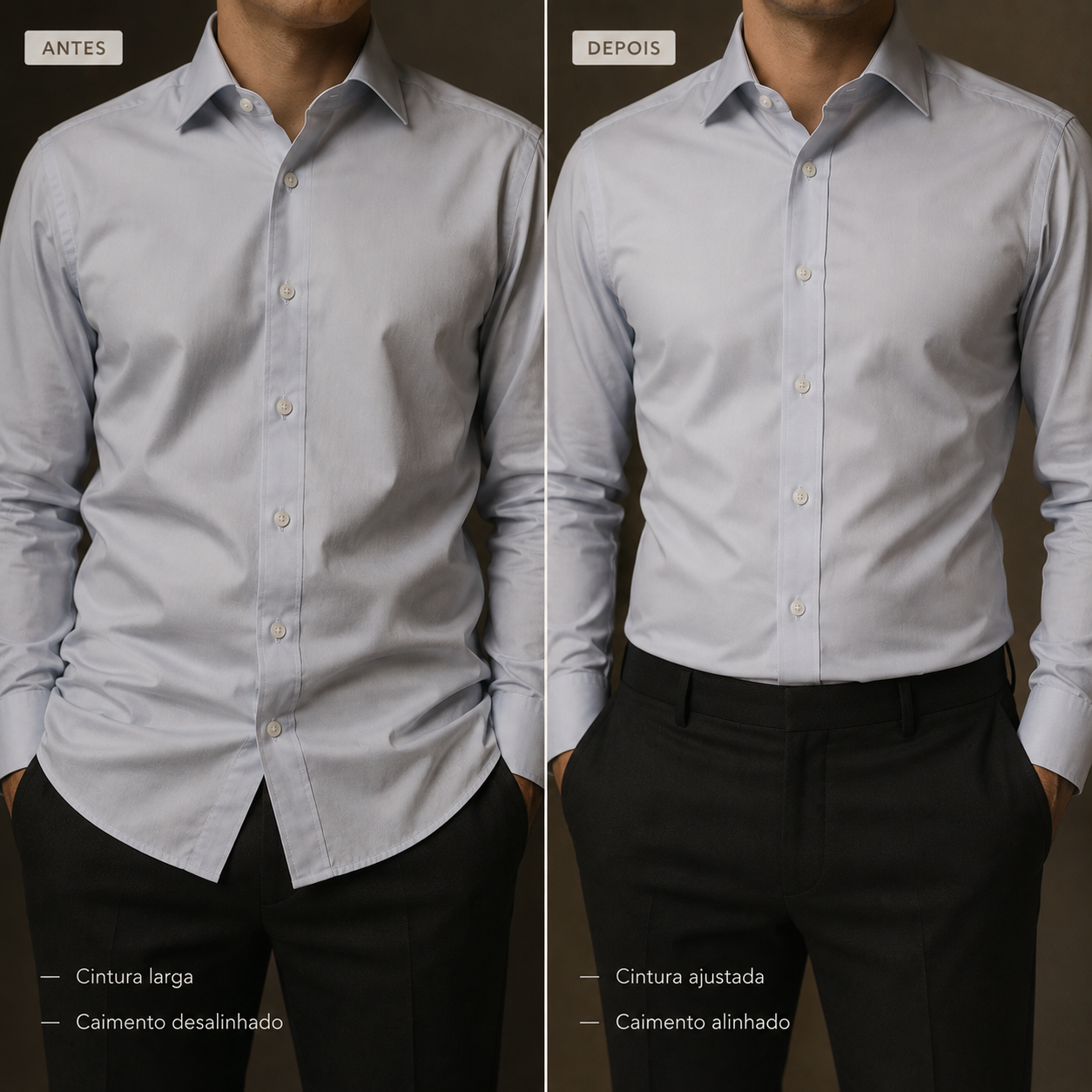Mãos de costureira ajustando peça de roupa com fita métrica