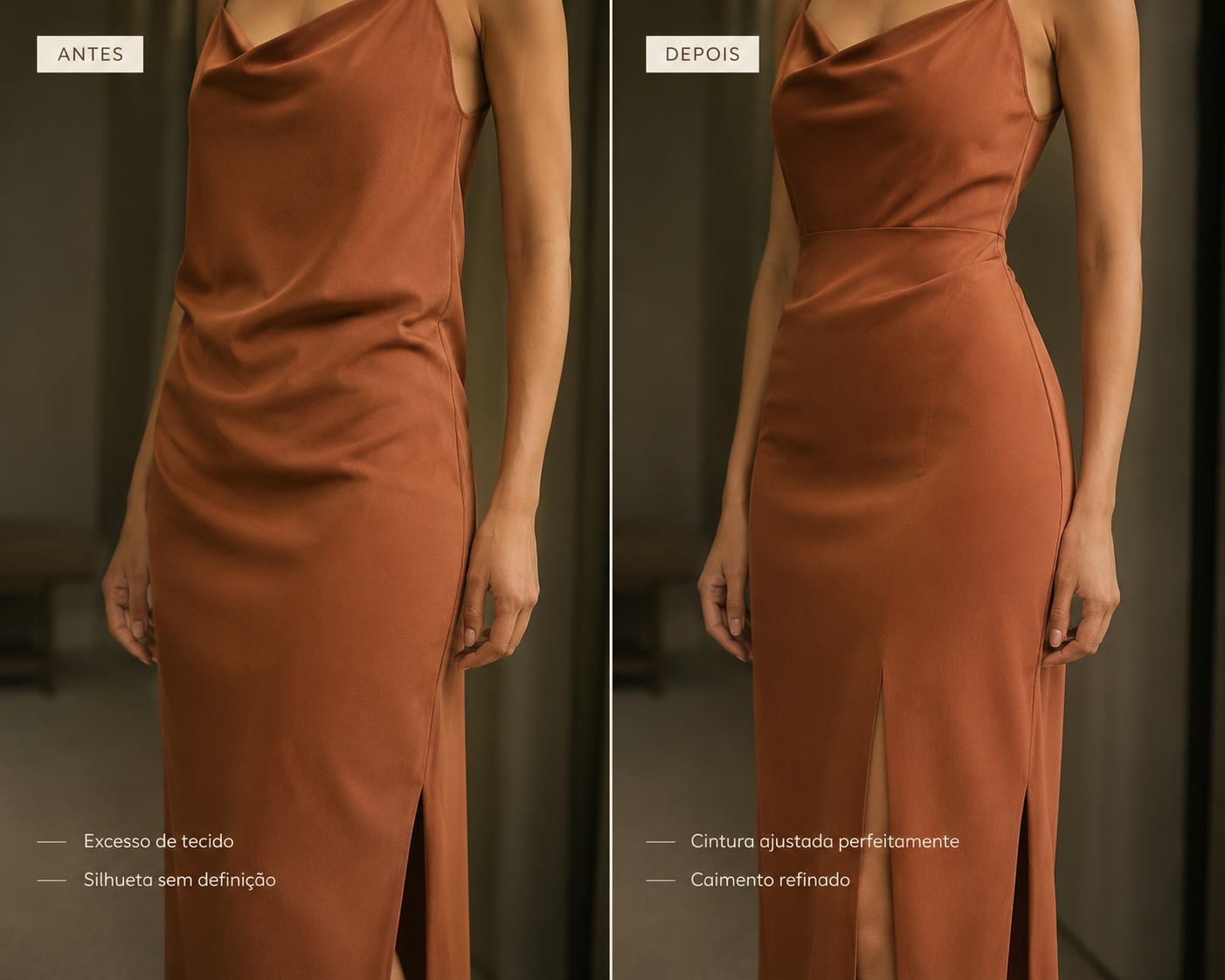 Mãos de costureira ajustando peça de roupa com fita métrica