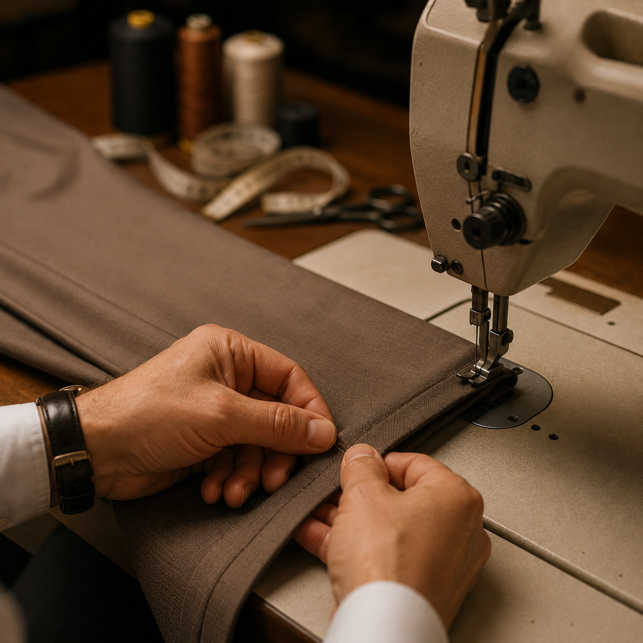 Mãos de costureira ajustando peça de roupa com fita métrica